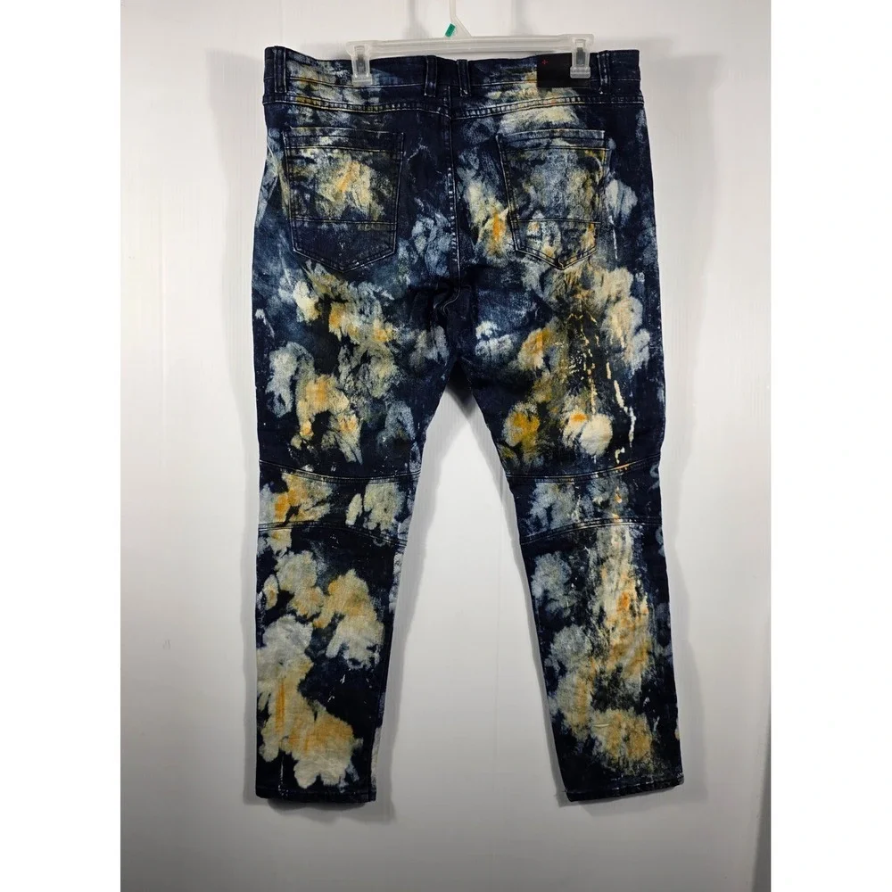 Krome New York Mens 42x32 Moto Biker Jean Acid Wash Distressed Blue Yellow Splat